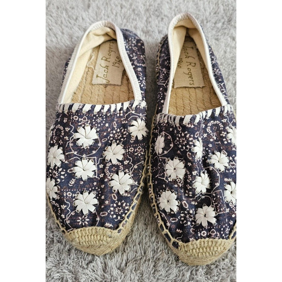 Jack Rogers Womens Espadrilles Flats Rondelles Shoes Navy White Woven Floral 7M - Picture 1 of 5